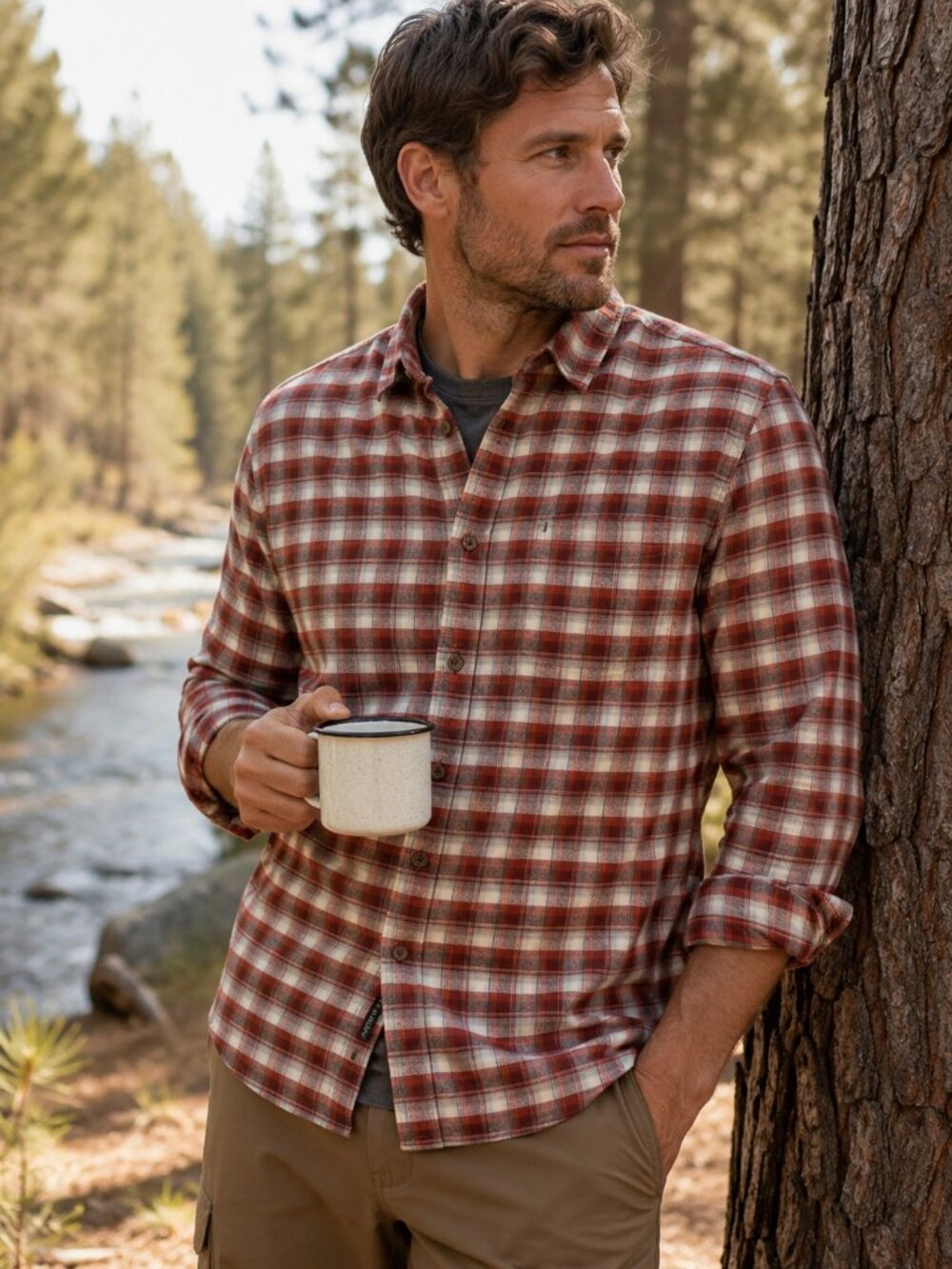 Prana Plaid Shirt Mens MED Red White Brown Roll Tab Sleeve Trail Hiking Casual